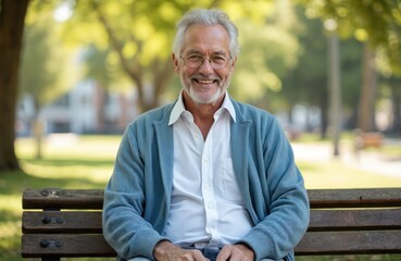 Fototapeta premium Elderly man with gray hair and beard smiles warmly sitting on park bench in sunlight. He wears glasses and a light blue cardigan over a white shirt, enjoying a peaceful outdoor day.