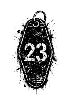 Black and white illustration of a dog tag with the number 23 on it, surrounded by paint splatters on a white background
