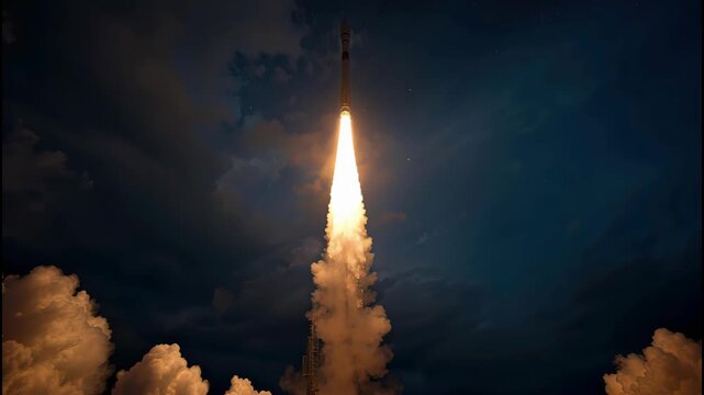 Night rocket launch ascending through smoky clouds with bright plume and dramatic night sky