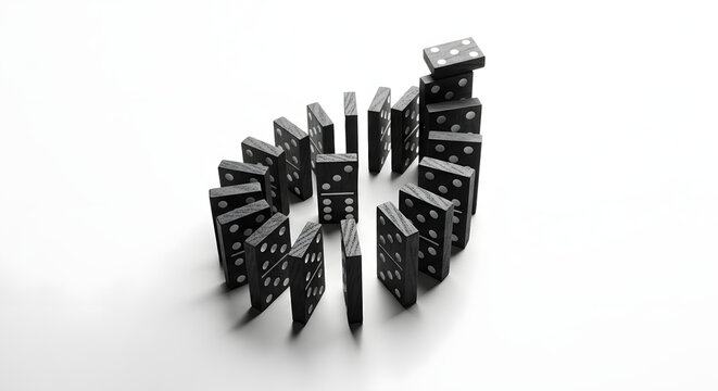 Black dominoes arranged in an upward spiral on white background, depicting chain reaction, growth, expanding influence, and consecutive events