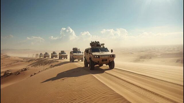 Armored vehicle tactical convoy crossing desert sand dunes at sunrise under dramatic sky with dust
