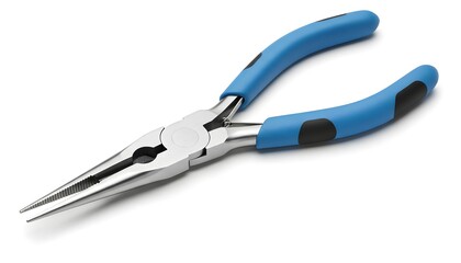Obraz premium A single pair of blue-handled needle-nose pliers with a polished metal finish, isolated on a clean white background.