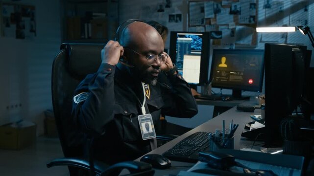 Medium shot of Black male police dispatcher and speaking to headset while making urgent phone call in emergency services office during night shift
