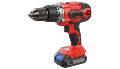 A red and black cordless electric drill with a battery pack.