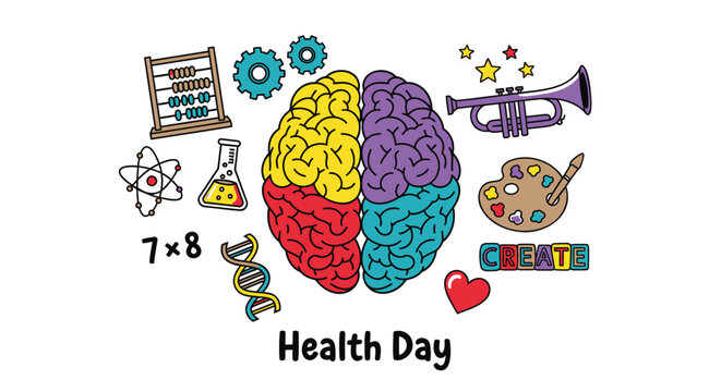 Vector illustration of brain with colorful sections and creative symbols for Health Day