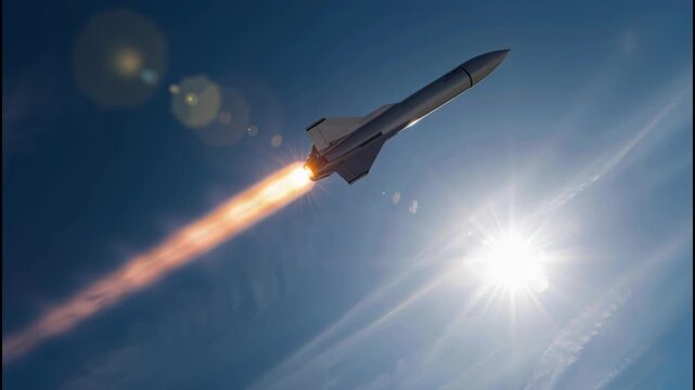 Hypersonic missile rocket ascending bright sky with fiery exhaust plume, supersonic flight high