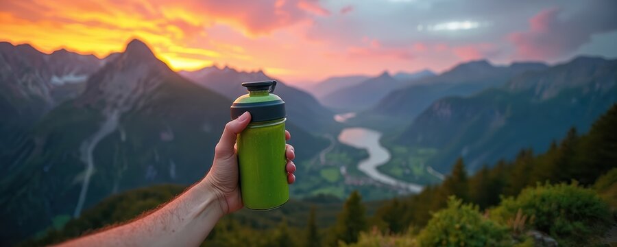 Person holds green smoothie bottle on mountain peak at sunset. Scenic valley view. Healthy lifestyle active vacation. Vibrant nature colors. Enjoying fresh drink outdoors.