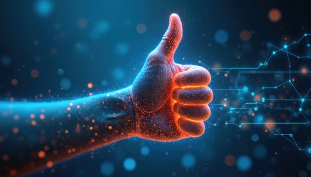 Digital hand gives thumbs up gesture. Glowing particles form abstract network connections and data streams. Futuristic technology concept signifies approval and positive feedback online.