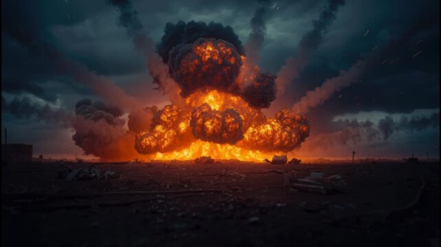 Massive fiery explosion fireball on battlefield at dusk with smoke debris dark cloud dramatic glow
