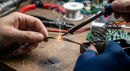 Obraz premium Person in protective gloves soldering two electrical wires together on a wooden desk, with tools in background
