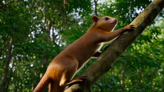 a kinkajou climbing among high rainforest branches, long prehensile tail wrapped securely, sniffing bright red berries with curious expression