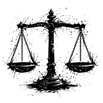 A black and white illustration of a balance scale with chains and bowls on either side, depicted in a grungy style with splatters and paint smudges.