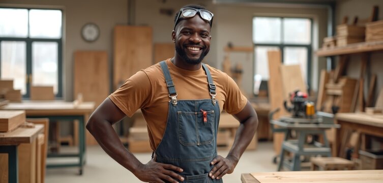 Black carpenter smiles confidently in workshop. Man wears blue overalls and brown t-shirt. Woodwork project visible with tools and materials, showing skilled craftsmanship.