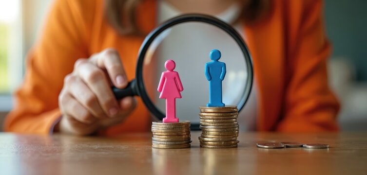 Magnifying glass over female and male figures on coin stacks. Illustrates gender pay gap disparity and unequal salary compensation. Analyzing financial difference and economic fairness.
