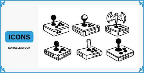Collection of six different video game controllers with various joysticks and buttons  editable stock icons © Badsha Mollik
