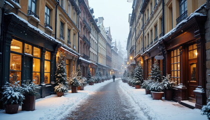 Fototapeta premium Snow falls on old European street lined with buildings and small fir trees. A lone person walks on cobblestone path. Cozy shops glow warmly.