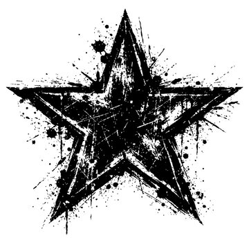 Black star symbol with grunge effect and paint splatters on white background
