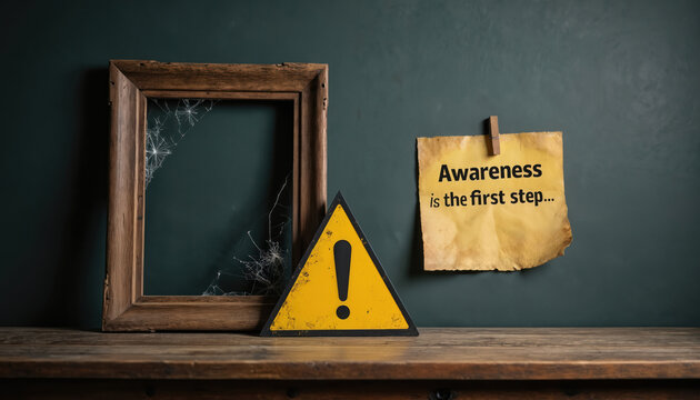 Broken picture frame and yellow warning sign on wooden shelf. Paper note reads Awareness is the first step. Concept for domestic violence prevention and support.