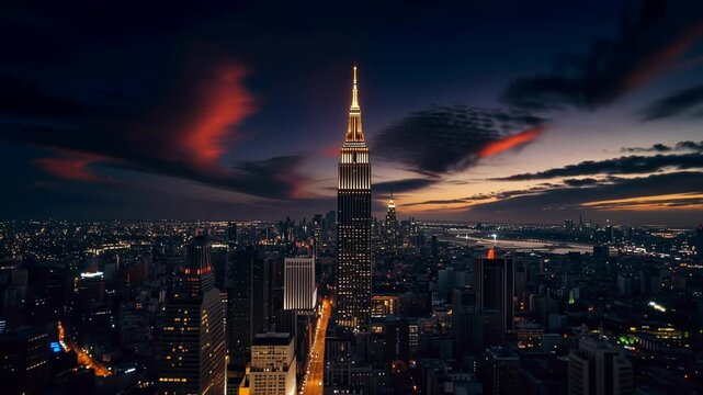 Sunset skyline city urban evening skyline with glowing skyscraper lights and dramatic clouds