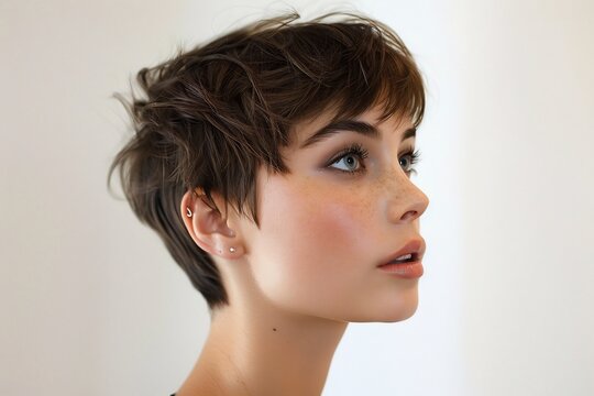 Woman with short pixie cut hairstyle and bangs looking right fair skin brown hair