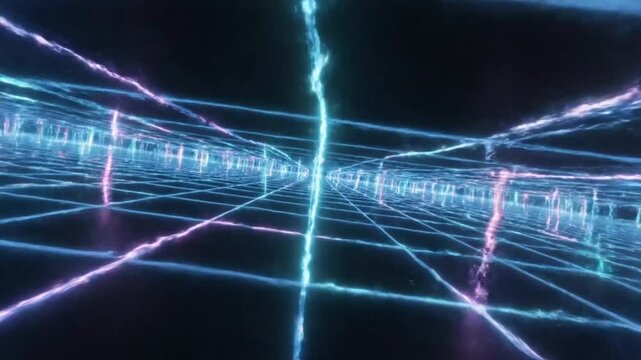 Futuristic abstract digital landscape with glowing gridlines and vibrant light trails, concept of networking