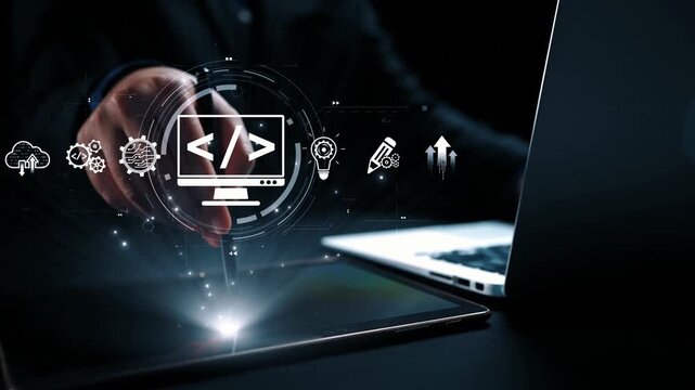 Modern web development concept featuring coding symbols, web development process, web development interface, and web development tools with futuristic design. Elide