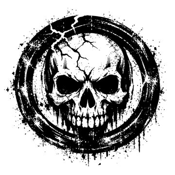 A grungy skull with a cracked face in a circle with paint splatters on a white background