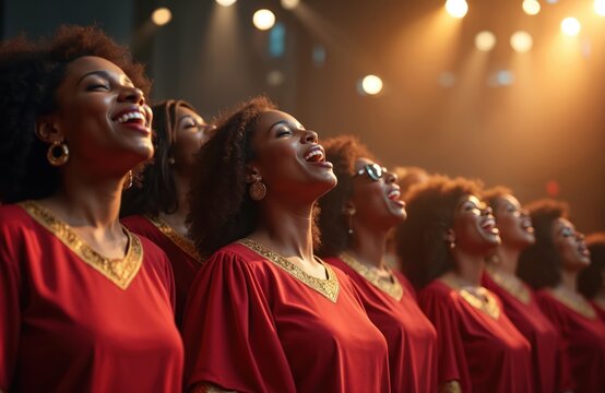 Group of Black women sing joyfully in red robes with gold trim. Their faces look upward, eyes closed, mouths open in song. Warm stage lights illuminate choir in performance. Faith, harmony fill scene.