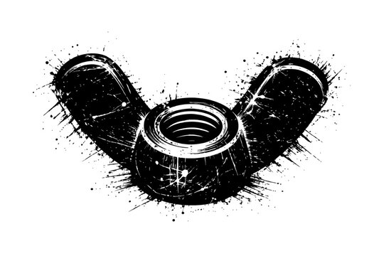 Grungy black and white illustration of a wingnut on white background with paint splatters