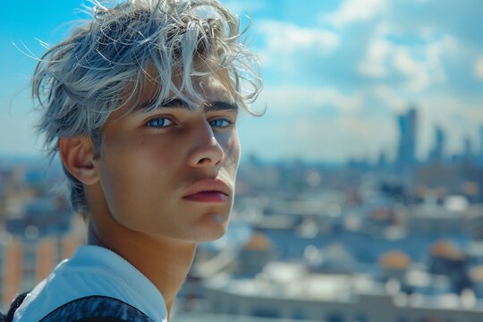 Young man with silver gray dyed hair on a rooftop overlooking cityscape