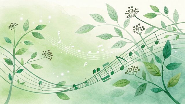 Flowing musical notes intertwined with green leaves in a delicate watercolor design