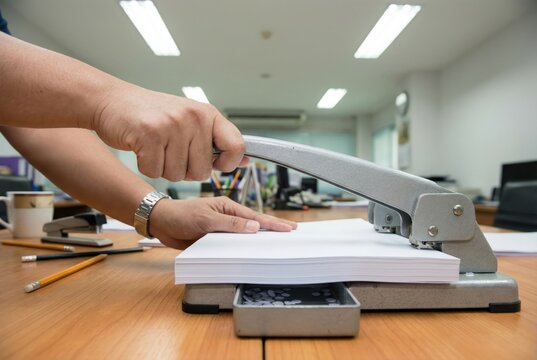Hand pressing down on a heavy duty metal hole puncher to puncture a thick stack of white paper