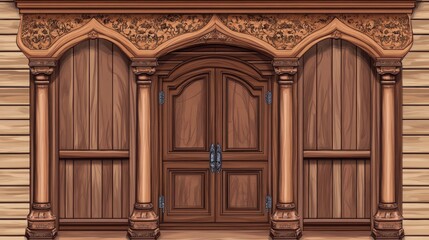 Obraz premium Ornate Wooden Archway with Double Doors and Detailed Carvings, Traditional Architectural Entrance