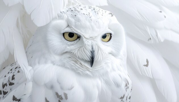スタジオ照明の中で撮影した白いフクロウの顔と羽毛のマクロクローズアップ