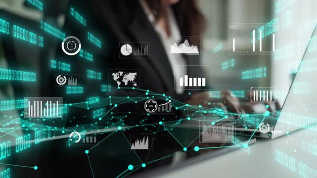 A business professional engages with a laptop surrounded by digital data visualizations and charts, illustrating the importance of data analysis in decision-making processes. Xenic