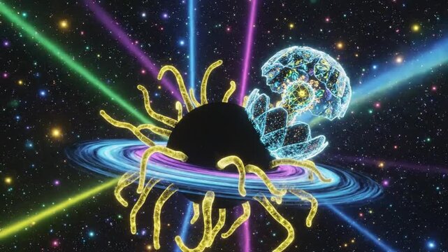 Abstract cosmic entity emerges with neon tentacles, orbiting in a nebula galaxy with light beams radiating outwards