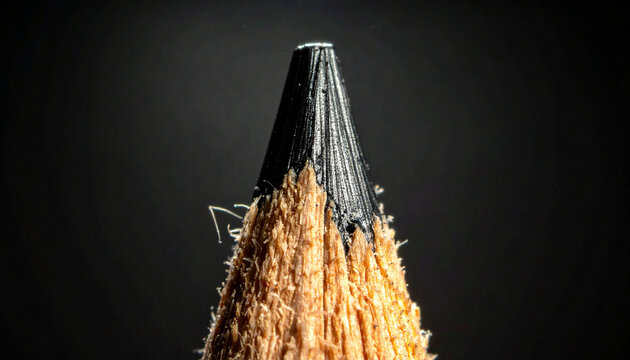 Captivating macro perspective reveals the intricate textures and sharp, precise graphite point of a freshly sharpened wooden pencil, symbolizing creativity and focus