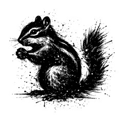 Obraz premium A black and white illustration of a squirrel sitting on its haunches with a bushy tail and paint splatters around it on white background