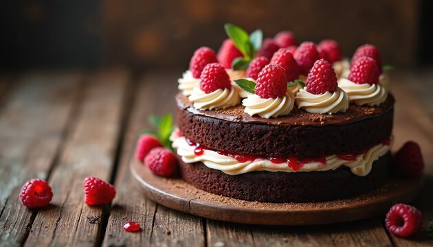 Rich chocolate layer cake topped with whipped cream and fresh raspberries sits on a wooden table. A delicious dessert perfect for celebrations or baking inspiration.