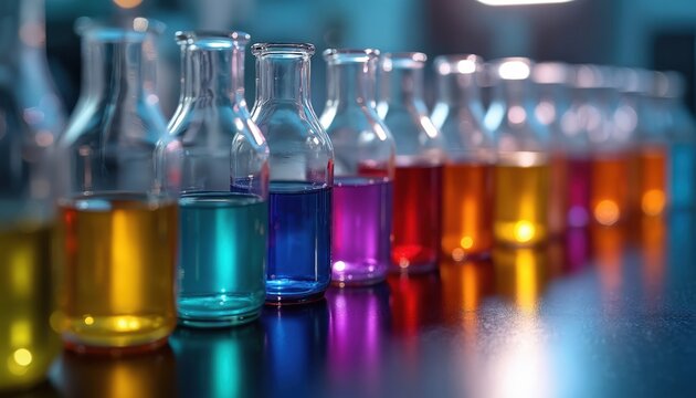 Row of glass lab vials with colorful fluids. Science research, chemical experiment or medical liquid analysis. Bottles hold yellow blue purple red orange solutions.