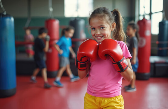Young girl smiles wearing red boxing gloves in gym. Children train martial arts with punching bags. Kids practice fighting techniques and discipline.
