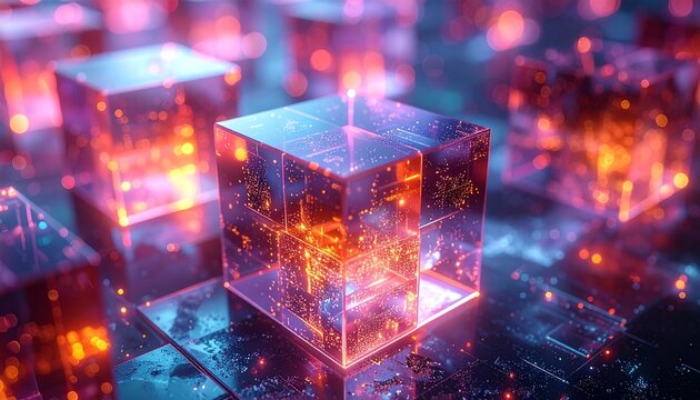 多数の透明なキューブが重なり合い輝く量子ビットとブロックチェーンを表現したデジタルアート
