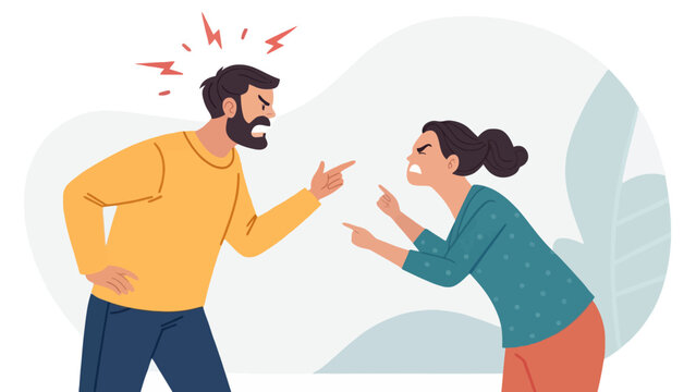 A cartoon illustration of a man and woman arguing and pointing at each other with anger and frustration