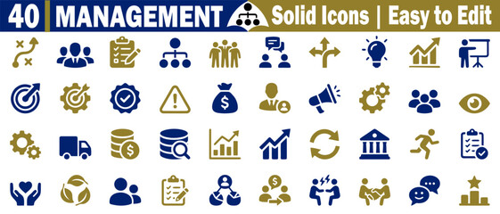 Management solid color icons set. A collection of forty management-themed solid icons for easy editing and use vector illustration. 