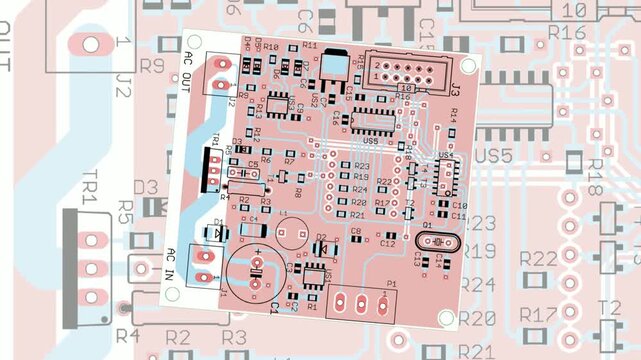Video animation with printed circuit board of 
electronic device with conductors tracing, contact pads of radio elements on pcb. Engineering drawing. 
Computer technic cad design with animated effect.
