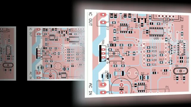 Video animation with printed circuit board of 
electronic device with conductors tracing, contact pads of radio elements on pcb. Engineering drawing. 
Computer technic cad design with animated effect.