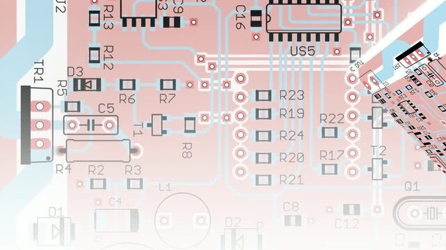 Video animation with printed circuit board of 
electronic device with conductors tracing, contact pads of radio elements on pcb. Engineering drawing. 
Computer technic cad design with animated effect.