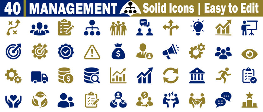 Management solid color icons set. A collection of forty management-themed solid icons for easy editing and use vector illustration. 