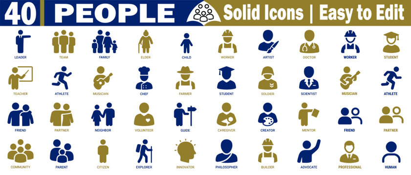 People solid color icons set. Collection of forty distinct solid icons representing various professions and activities, vector illustration.