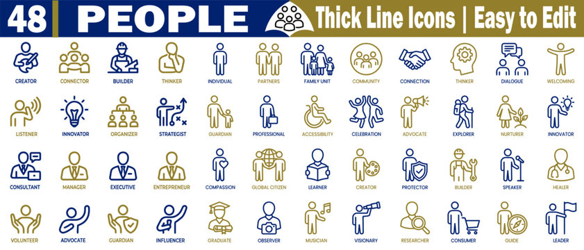 People line art icons set. Collection of diverse thick line icons representing various people and activities, vector illustration. 